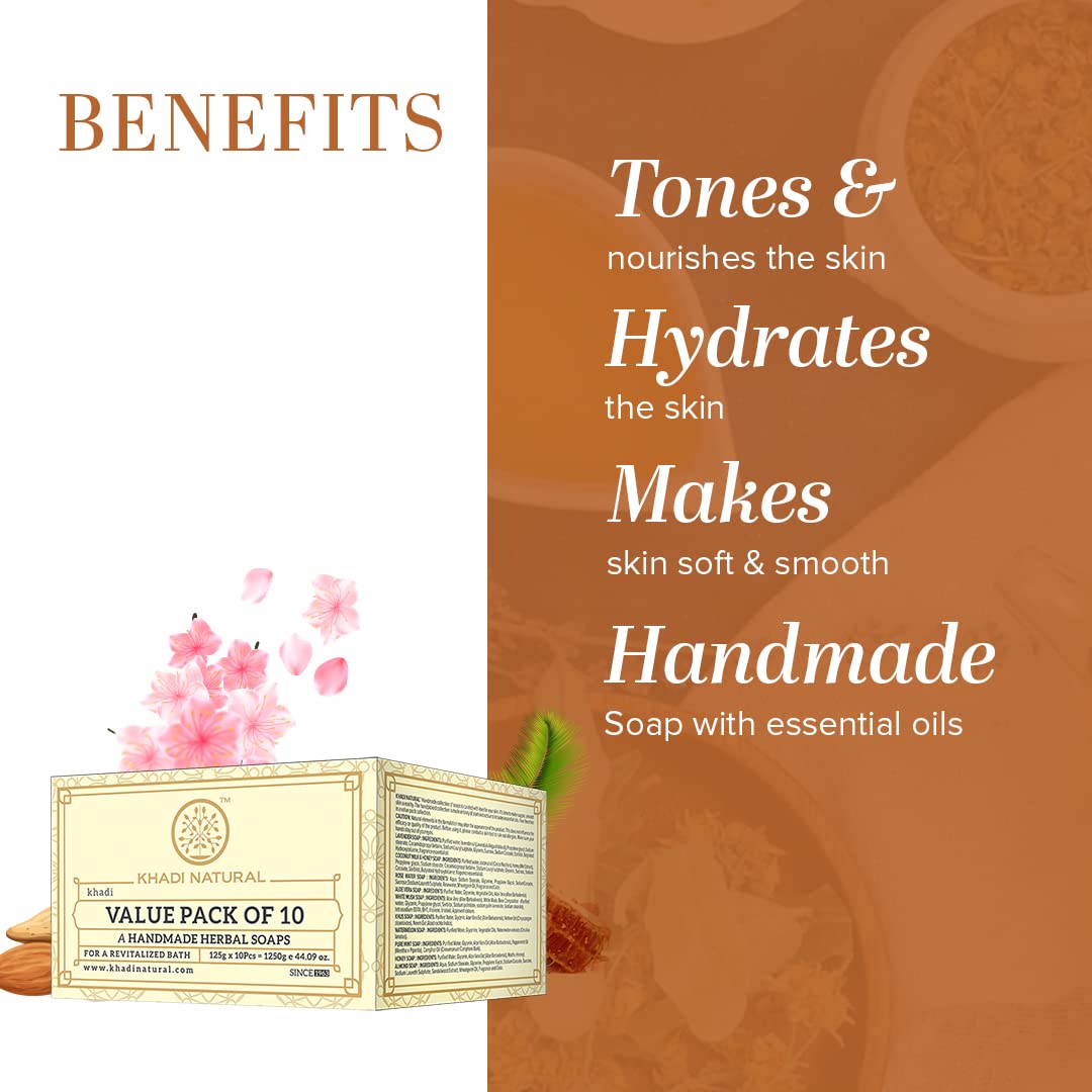 Khadi Natural Herbal Soap Gift Set | Handcrafted Essential Oil Soaps | Pure & Natural | Refreshing & Gentle Cleansing | Provides Naturally Glowing Skin- (Pack of 10)