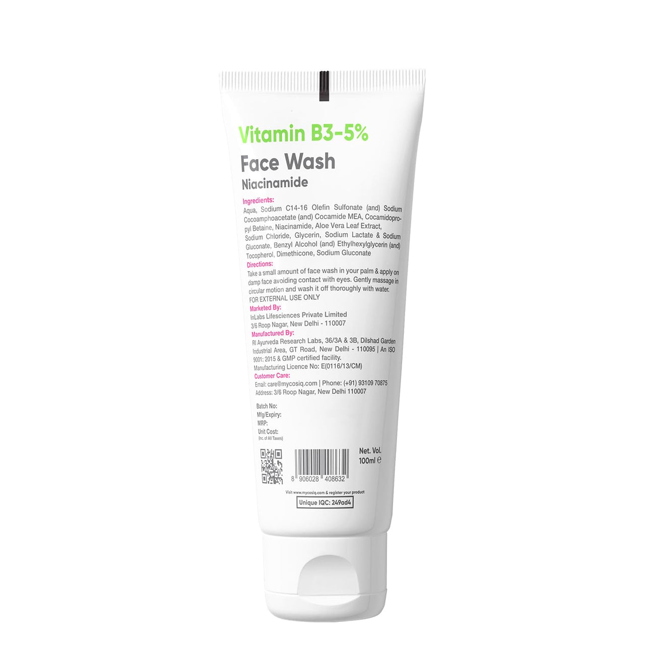 Cos-IQ Vitamin B3-5% Niacinamide Face Wash for Smooth and Even Skin, Tan Removal & Glowing Skin, pH Balanced & Paraben Free (90 Days Pack, 300ml)