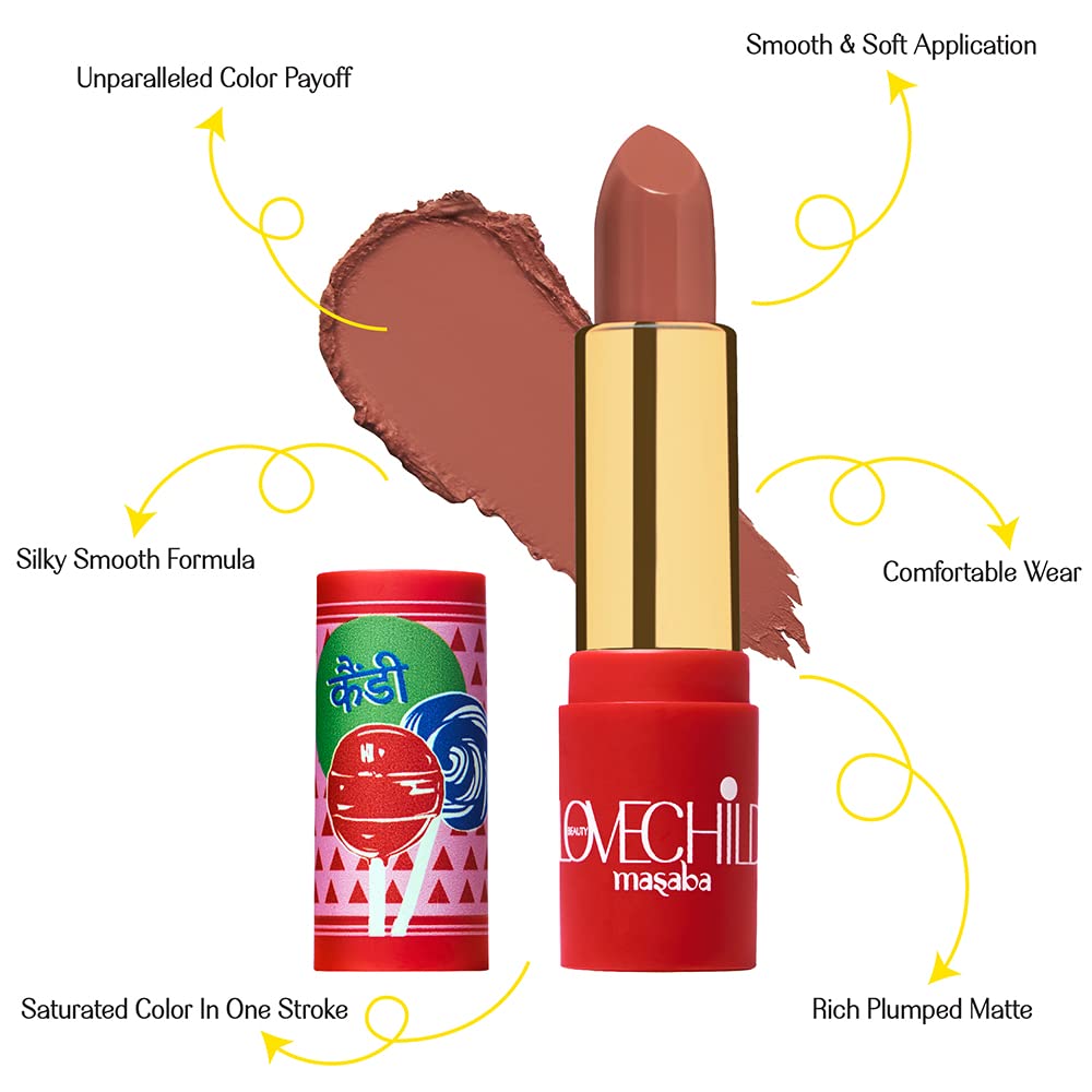 LoveChild Masaba - Eye-Candy - Luxe Matte Lipstick, Moisturising, Intense, Plump, Bullet Matte Nude Pink Lipstick, 4ML