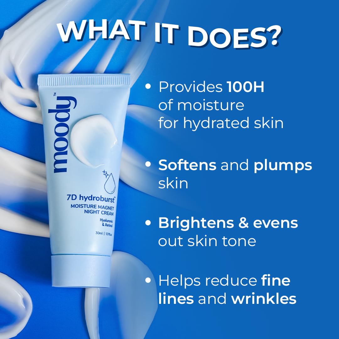 Moody 7D Hydro Burst Moisture Magnet Night Cream with Hyaluronic Acid | Repairs Dark spot, Blemishes, & Wrinkles | Paraben Free | Lightweight, Quick-Absorbing, Non-Sticky Moisturizer, 30ml