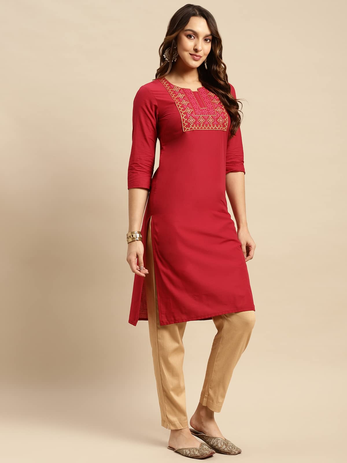 rangita Women 100% Cotton Yoke Zari Embroidered Knee Length Straight Kurti
