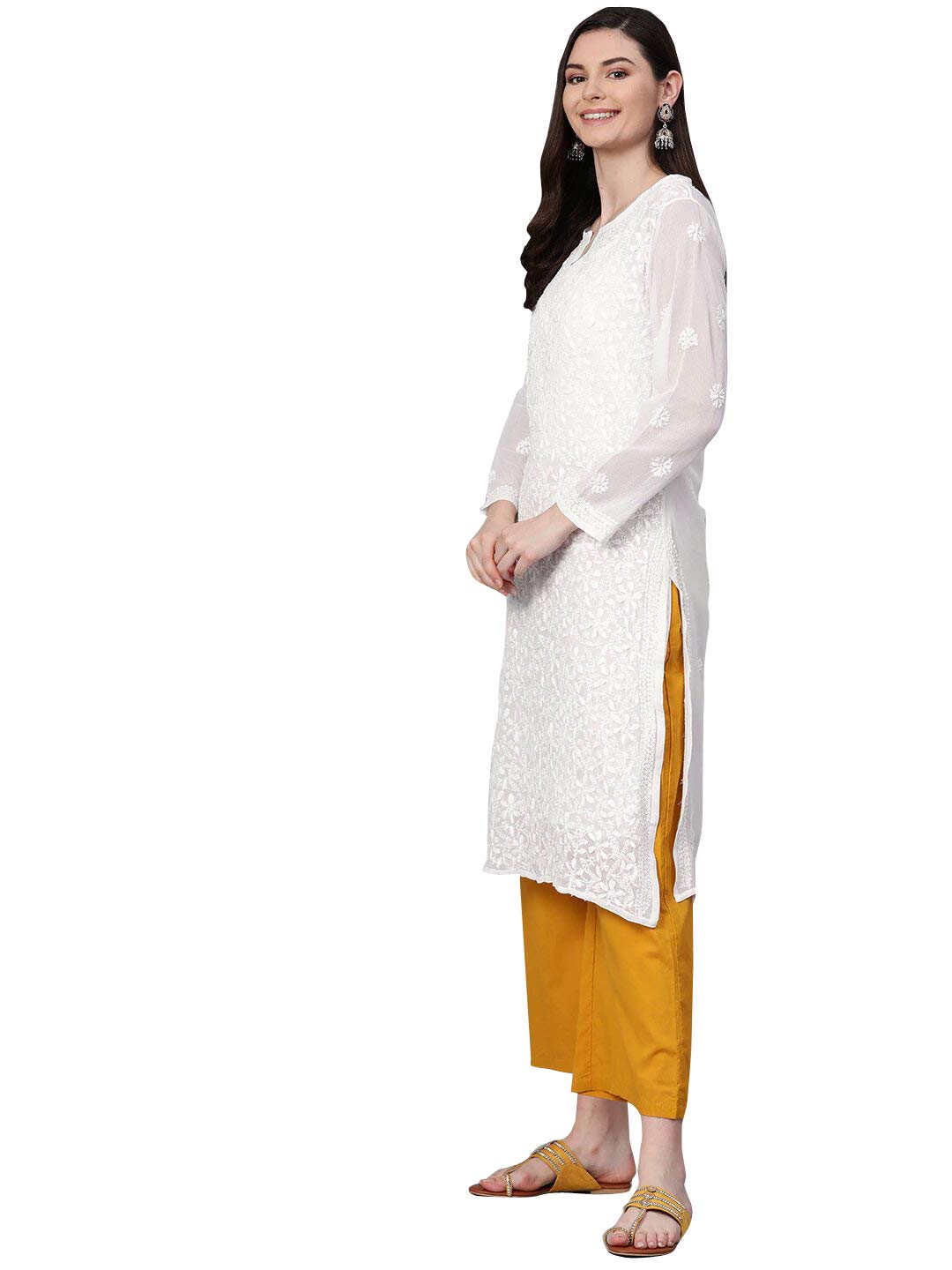 Ada Hand Embroidered Women's  Georgette Lucknowi Chikankari Kurta with Slip A90397 White