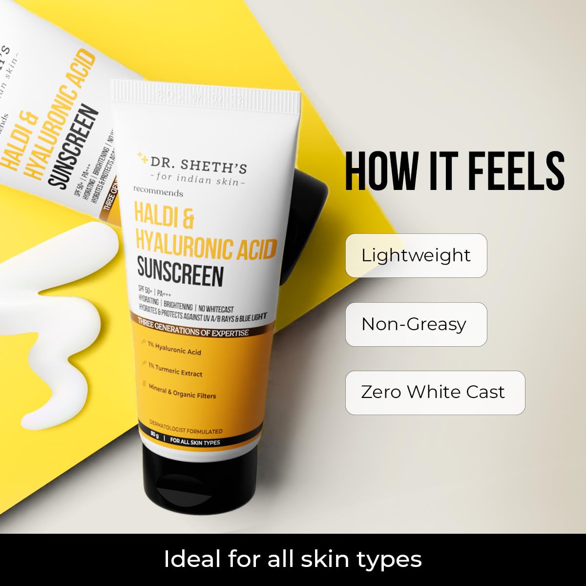 Dr. Sheth's Haldi & Hyaluronic Acid Sunscreen with 1% Hyaluronic Acid | Spf 50+ Pa+++ | Protects Against UVA/B & Blue Light | Hydrating & Brightening | For Men & Women | For All Skin Type | 80 g