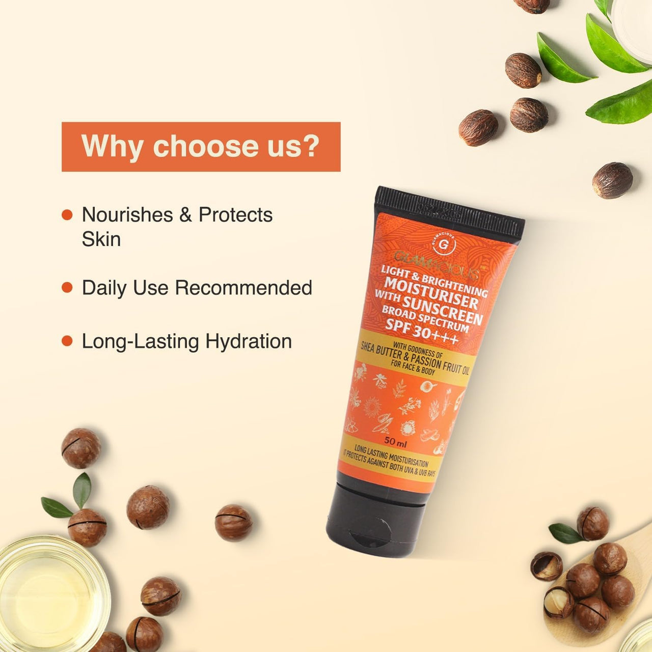 Glamacious Light & Brightening Moisturiser with Sunscreen SPF 30+++(50ml) | Enhanced Vit E and Shea Butter | UVA/UVB protection | Boosted Sodium Ascorbyl Phosphate | No Sulphate & Paraben