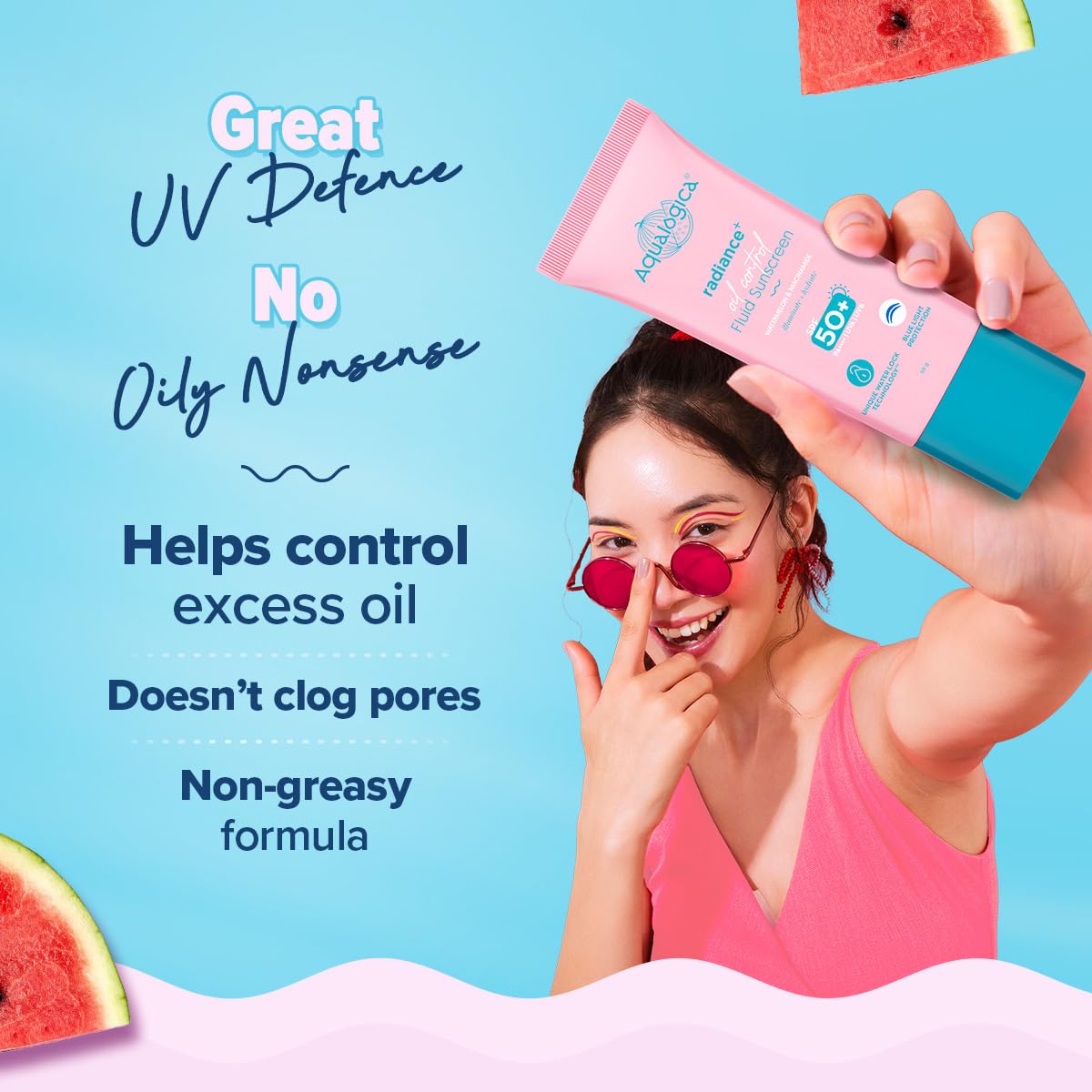 Aqualogica Radiance+ Oil Control Fluid Sunscreen for Oily Skin - 50 g | Ultra-Light Fluid Texture | SPF 50+ PA++++ UVA & UVB Protection | Oil Free | Controls Excess Oil | Non Greasy | No White Cast | For Men & Women