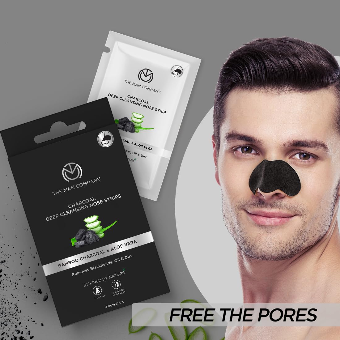 The Man Company Charcoal Nose Strips with Aloevera Extract | Whitehead & Blackhead Remover | Pores Cleanser | Dirt Free | Improves Skin Texture - 4 Strips