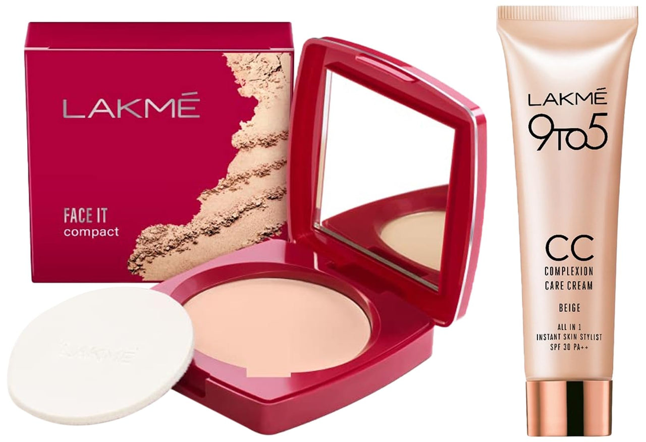 Lakmé Face It Compact, Pearl, 9 g & Lakmé 9 to 5 CC Cream Mini, 01 - Beige, Light Face Makeup with Natural Coverage, SPF 30 - Tinted Moisturizer to Brighten Skin, Conceal Dark Spots, 9 g