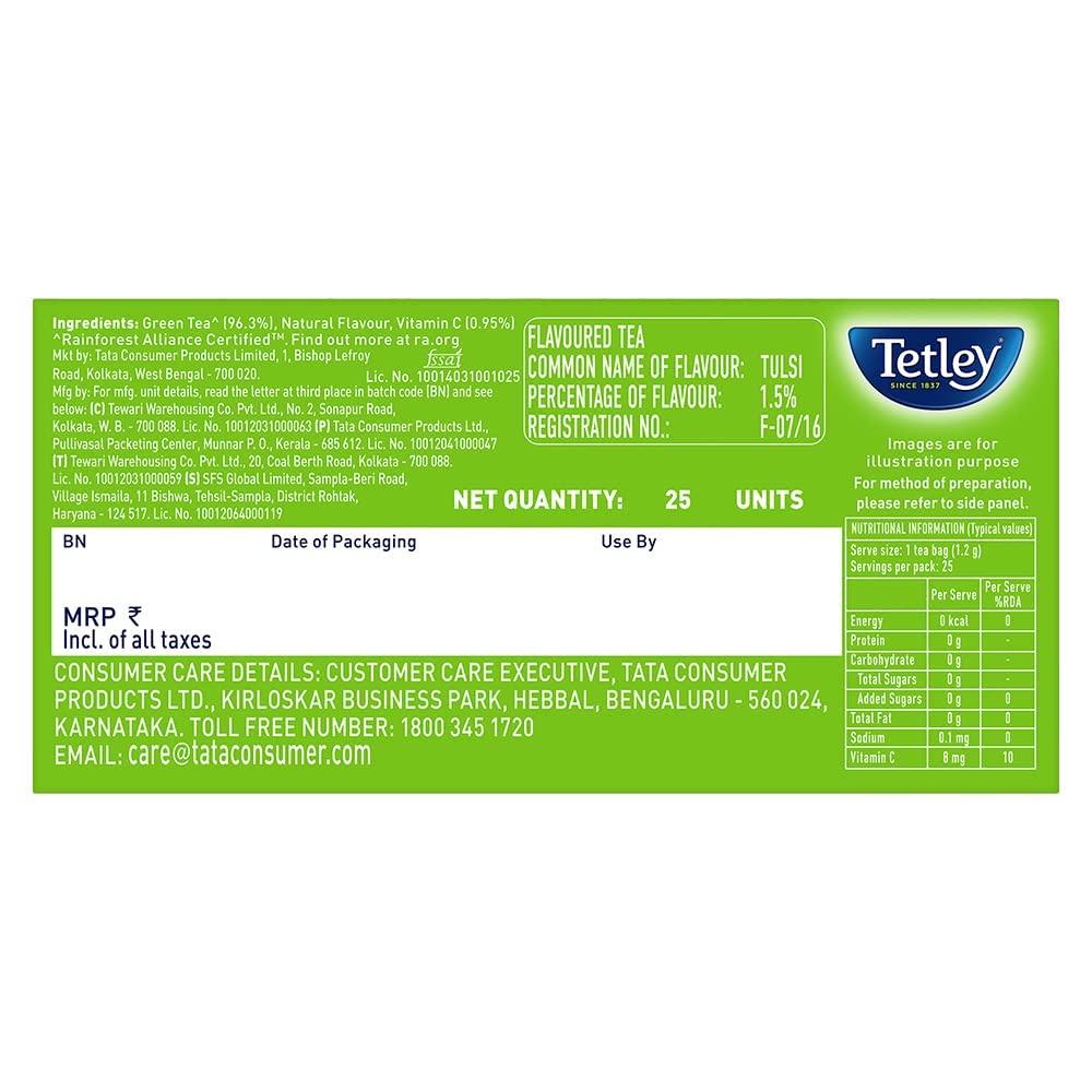 Tetley | Green Tea With Tulsi | Immune With Added Vitamin C | 25 Tea Bags, 30 Grams
