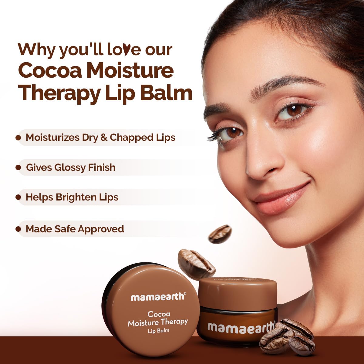 Mamaearth Cocoa Moisture Therapy Lip Balm for Dry & Chapped Lips 15 g|Heals, Brightens|Glossy Finish|Coconut Oil, Cocoa Butter, Vitamin E, Ceramides, Kojic Acid|100% Free of Petroleum Jelly