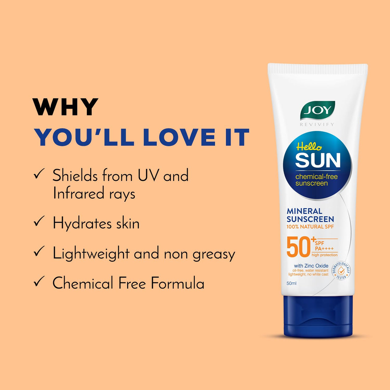 Joy SPF 50 PA++++ Mineral Sunscreen For Oily Skin with 100% Natural SPF & Zinc Oxide 50ml | Oil Free, Lightweight & Zero White Cast | Chemical Free Sunscreen For Men & Women