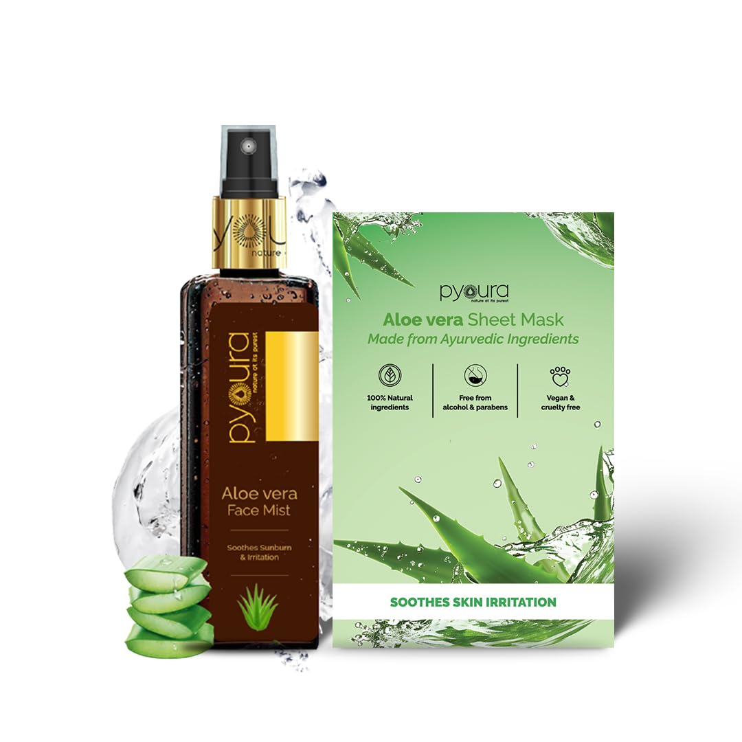 PYOURA Aloe vera Skin Repair Combo: Face Toner Mist Serum (100ml) + Sheet Mask (Pack of 1), For Hydration & Sunburn, Refreshes & Revives Damaged Skin, All Skin Types, Alcohol-Free, Natural & Vegan