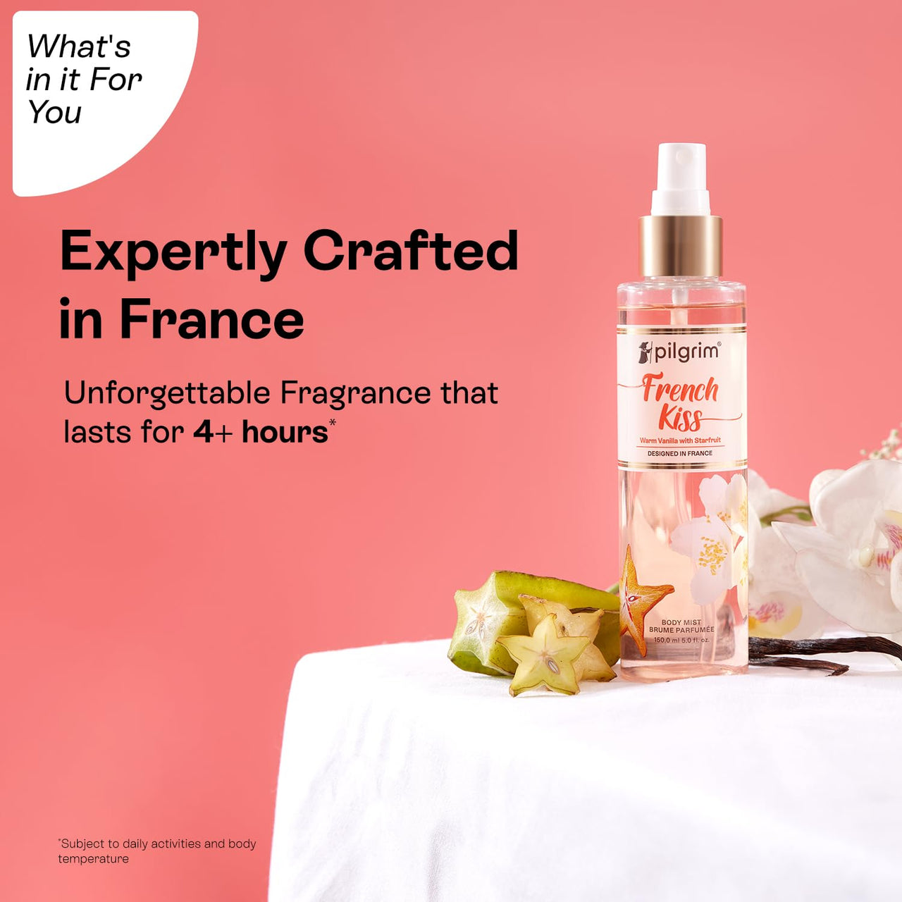 Pilgrim French Kiss Body Mist (Vanilla with starfruit)| Vanilla body mist for women long lasting| Sensual fragrance | Body spray| Romance perfume for women| Designed in France| 150 ml