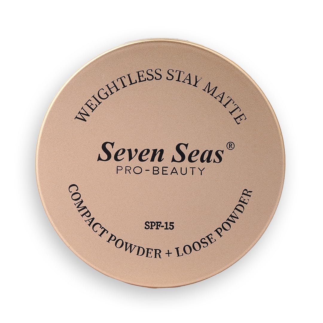 Seven Seas 2 In 1 Weightless Stay Matte Compact Powder | Pressed Powder + Loose Powder | SPF 15 | Non Oily Matte Look | Evens Out Complexion | Hides Imperfections | Blends Effortlessly (Peach)