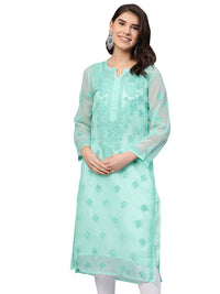 Ada Lucknowi Hand Embroidered Chikankari Women's  Georgette Kurta Kurti with Slip