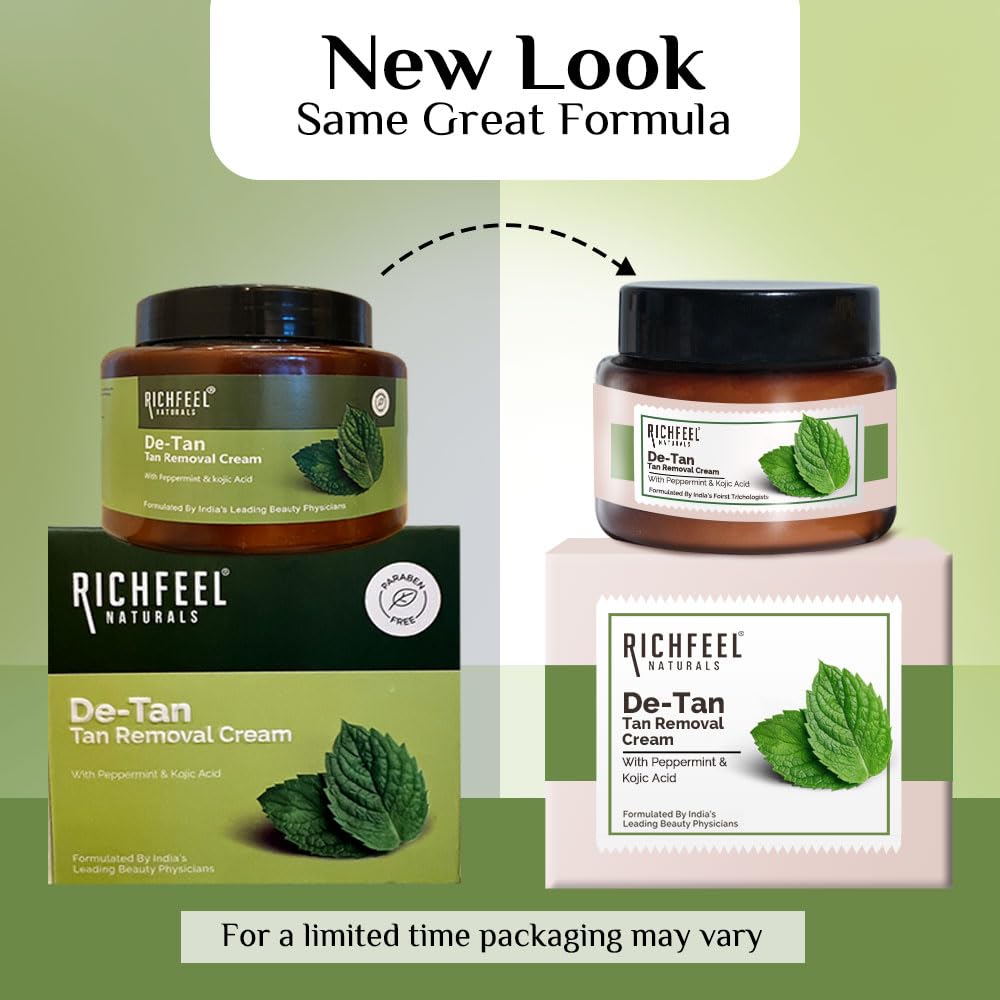 Richfeel De-tan Cream | Natural Skin Tan Removal with Peppermint, Honey, and Cucumber |Ayurvedic and Organically Pure| Tan Removal Face Pack for All Skin Types| 100 g (Pack of 2)