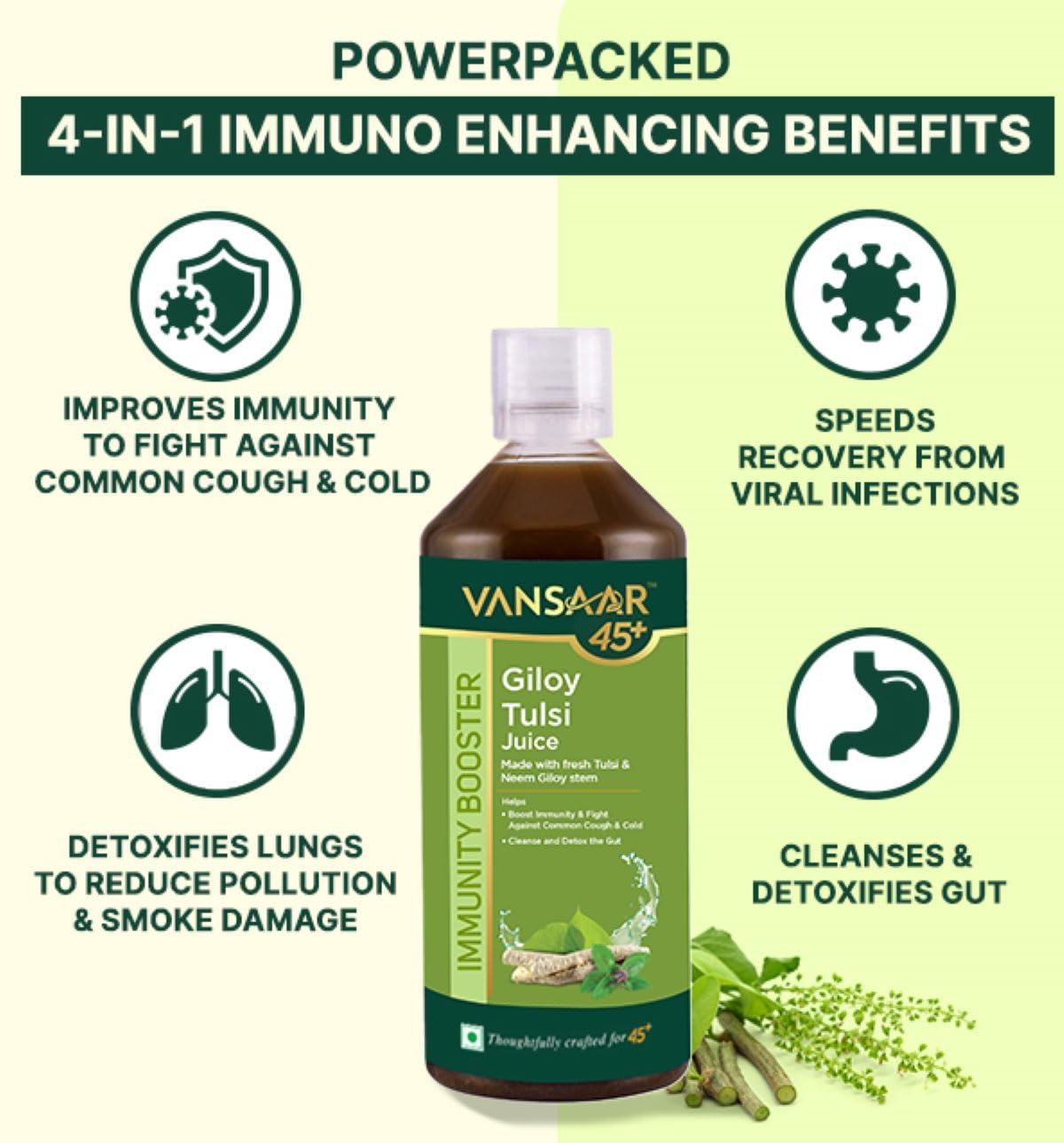 Vansaar 45+ Neem Grown Giloy Tulsi Juice with 4-in-1 Immuno- Enhancing benefits| Handpicked Fresh Tulsi and Neem grown Giloy| NIB rich for all-round Immunity| 100% Pure, Natural Juice - 1L