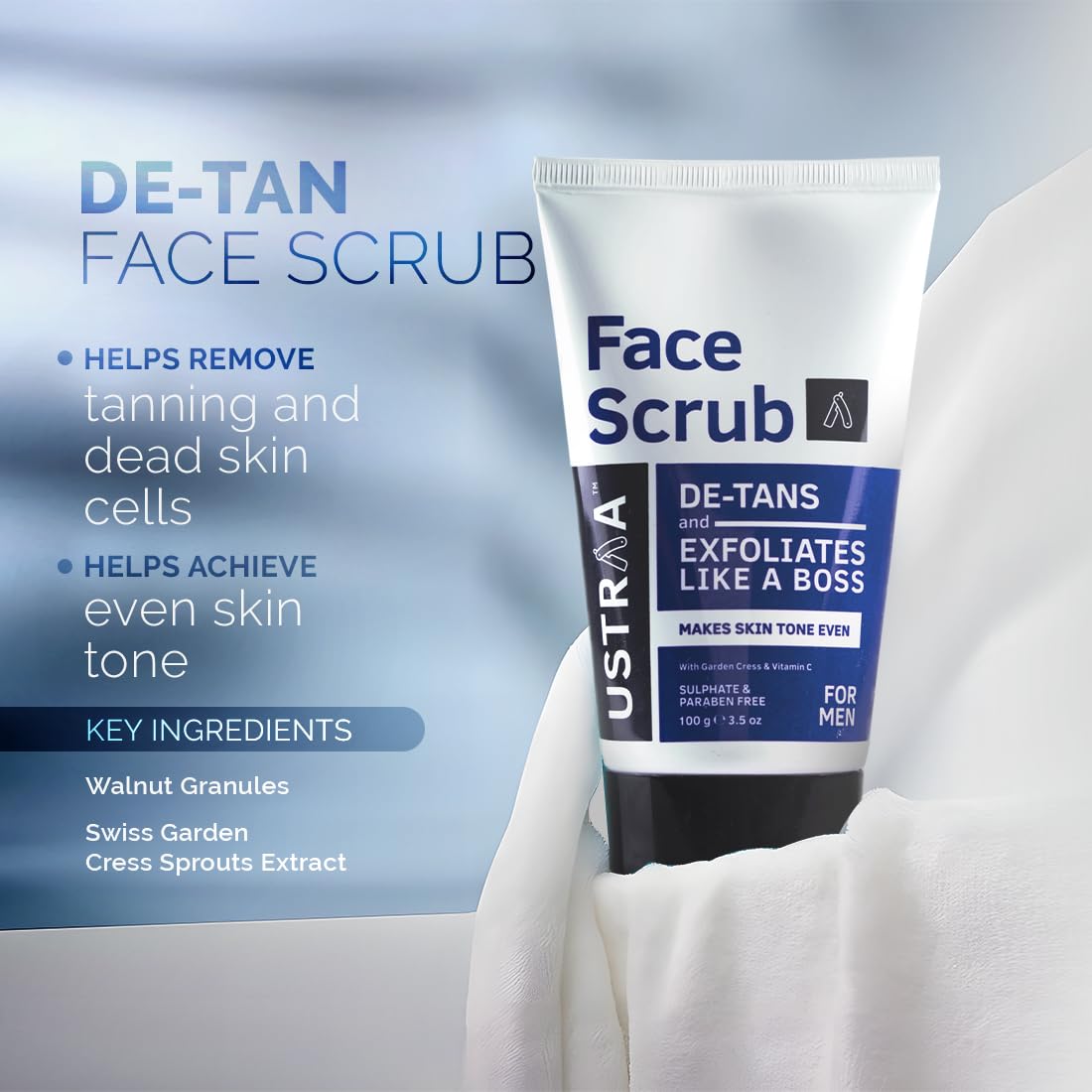 Ustraa Gentle De-Tan Kit - Foaming Face Wash - For Sensitive Skin - 150 ml | Cleansing, Moisture Retention | with Ceramides & Face Scrub - De-Tan 100 g - Effective Tan Removal | Bigger Walnut Granules