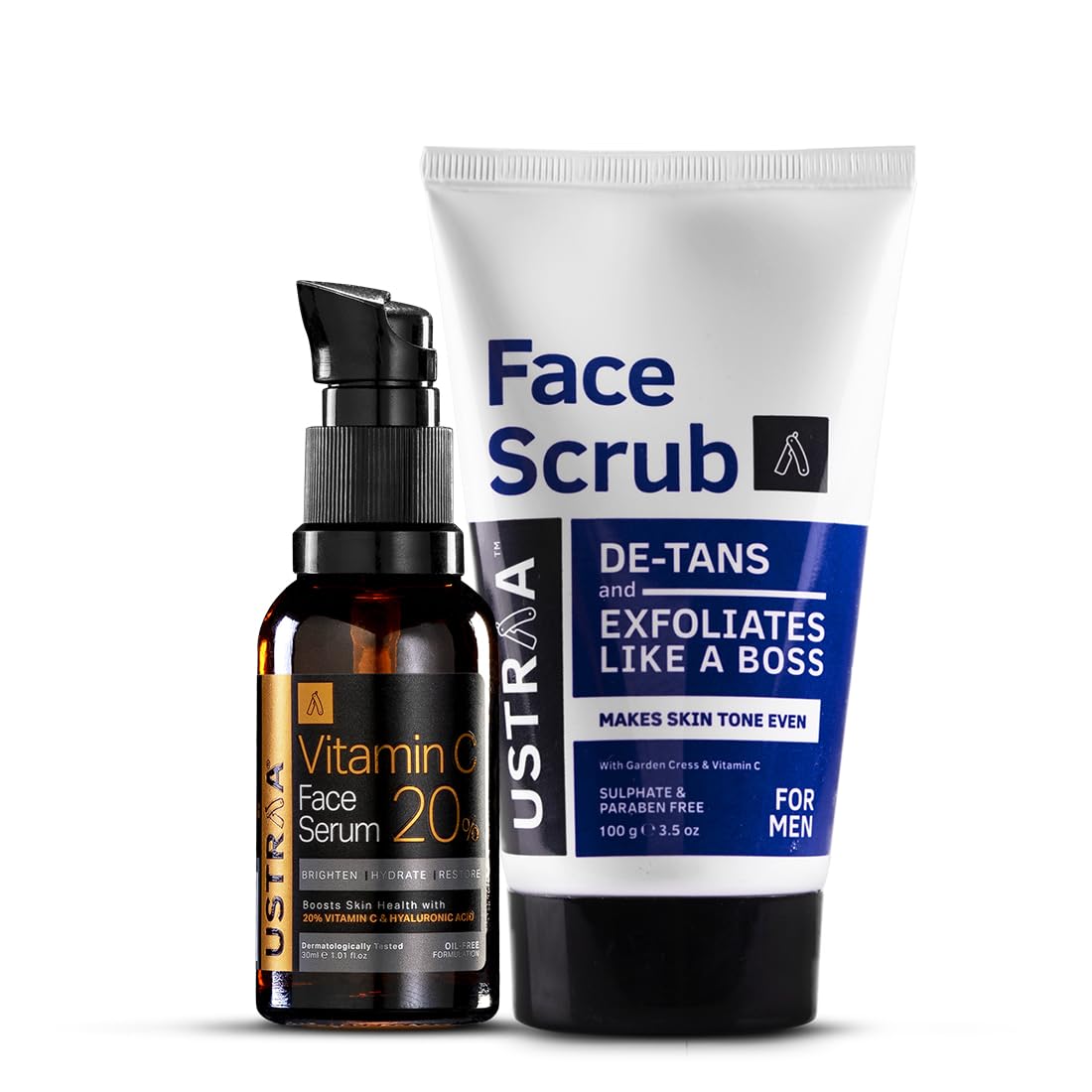 Ustraa De-Tan Face Scrub for Men - 100g | Exfoliation & Effective Tan Removal | with Walnut Granules | No SLS & 20% Vitamin C Face Serum - 30ml | 20% Vitamin C in Pure form | Anti-Aging, Brightening.