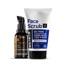 Ustraa De-Tan Face Scrub for Men - 100g | Exfoliation & Effective Tan Removal | with Walnut Granules | No SLS & 20% Vitamin C Face Serum - 30ml | 20% Vitamin C in Pure form | Anti-Aging, Brightening.