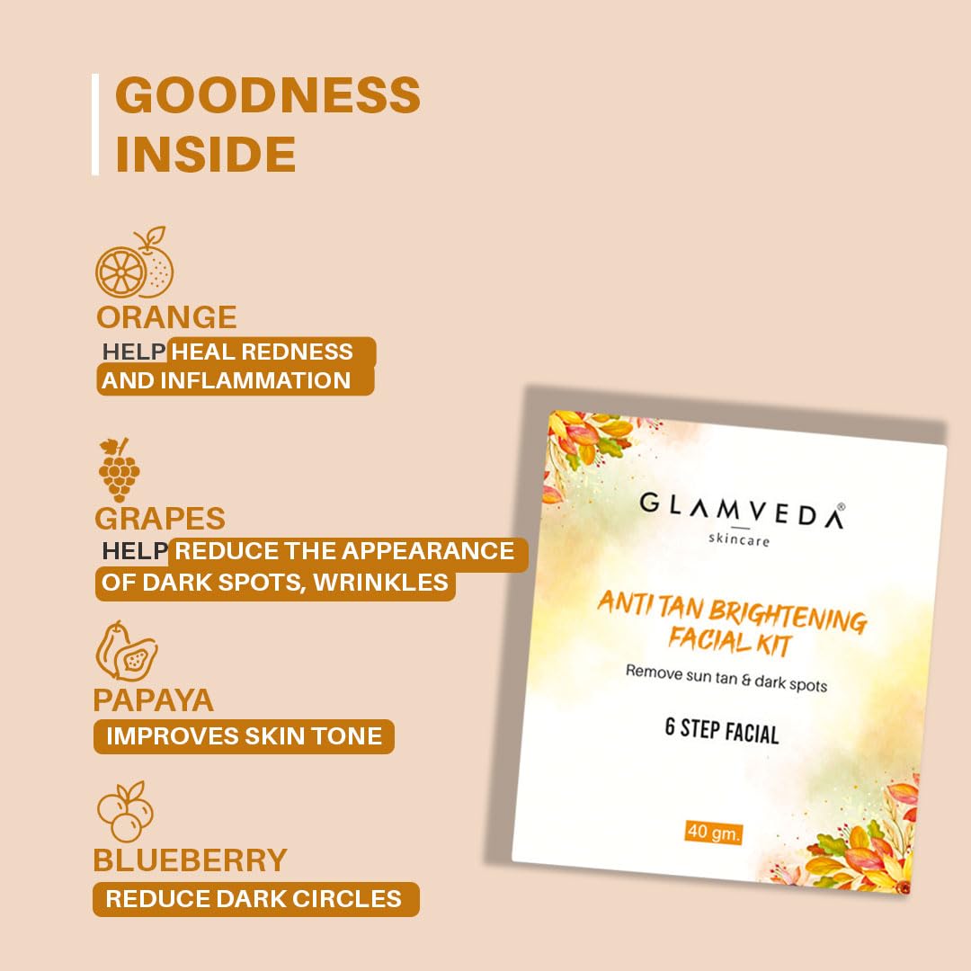 Glamveda Anti Tan Brightening Facial Kit | 6 Steps Facial | Removes Sun Tan & Dark Spots | Detans Skin For Instant Glow | For All Skin Types | 40gm