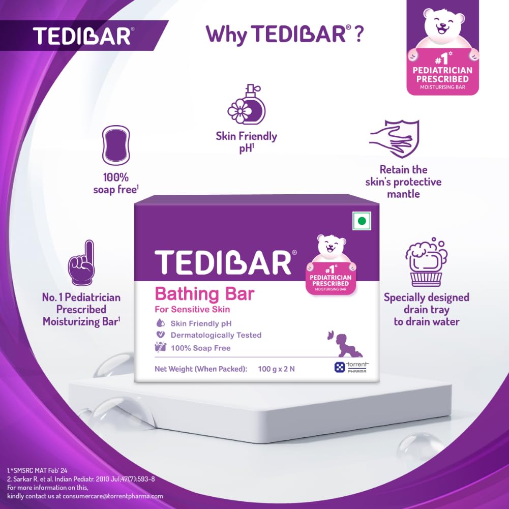 Tedibar Moisturising Baby Bathing Bar 100x2g (Pack of 1) 100% Soap Free No. 1* Pediatrician Prescribed Moisturising Bar - By Torrent Pharma