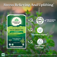 A TATA Product - Organic India Tulsi Green Tea Classic - 25 Tea Bags, Uplifts Mood, Rich in Antioxidants, Blend of Rama, Krishna & Vana Tulsi, Certified Organic