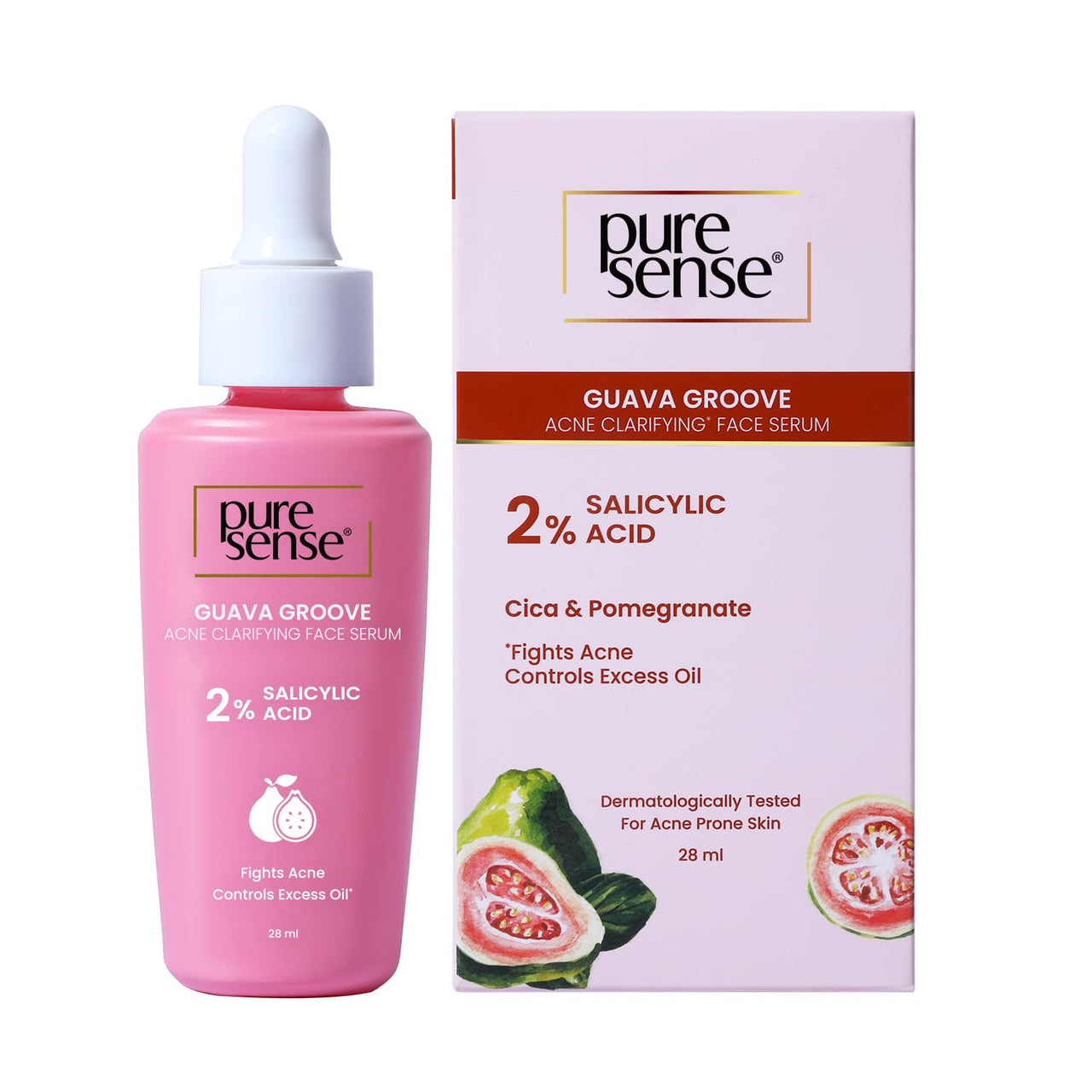 PureSense 2% Salicylic Acid Face Serum BHA Based Exfoliant Guava for Acne Prone Oily Skin for Men and Women 28ml