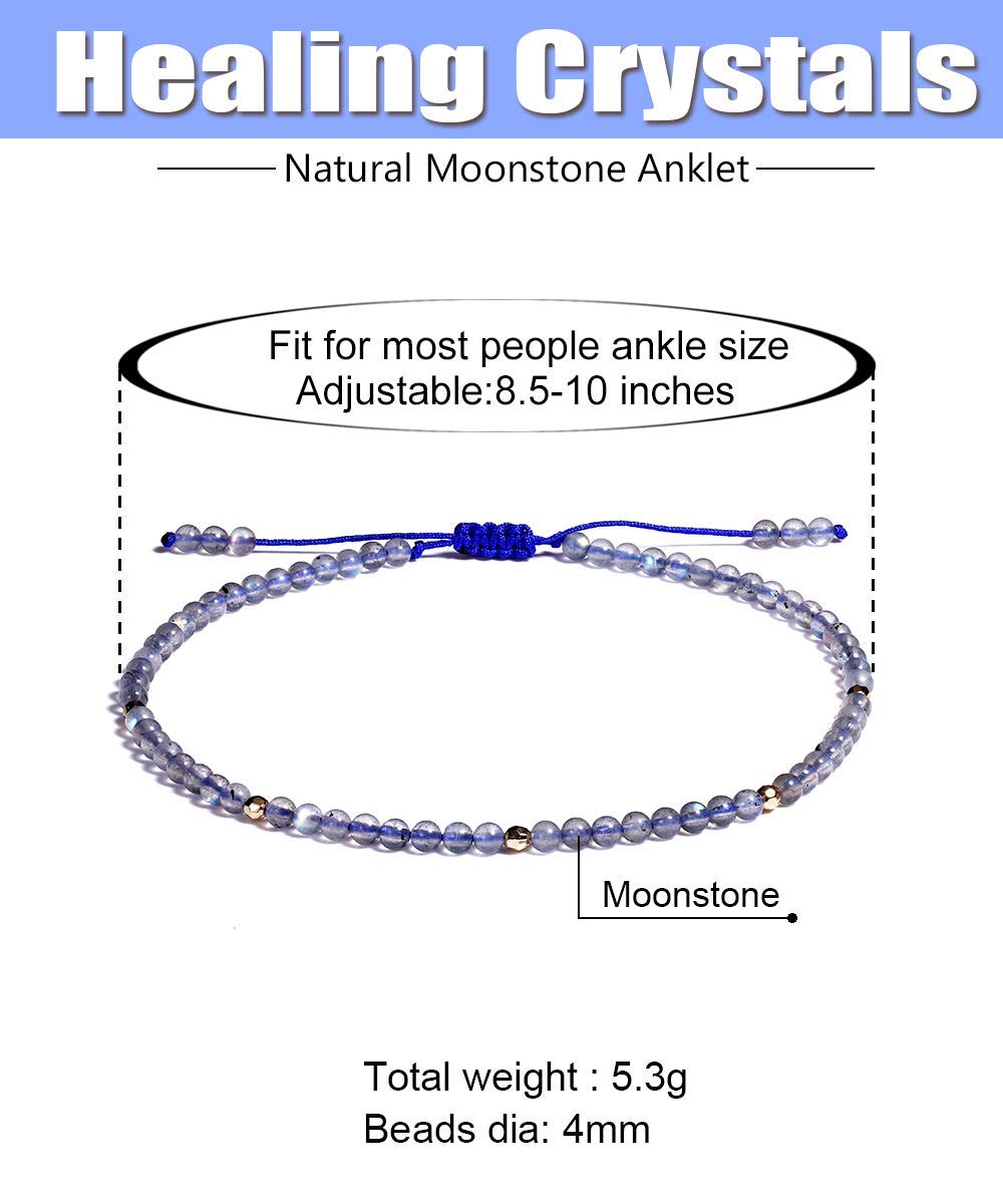 Jewever Gemstone Foot Anklet Bracelet for Women Beaded Stone Healing Energy Crystal Beach Foot Jewelry Adjustable(8.5-10 Inches) moonstone