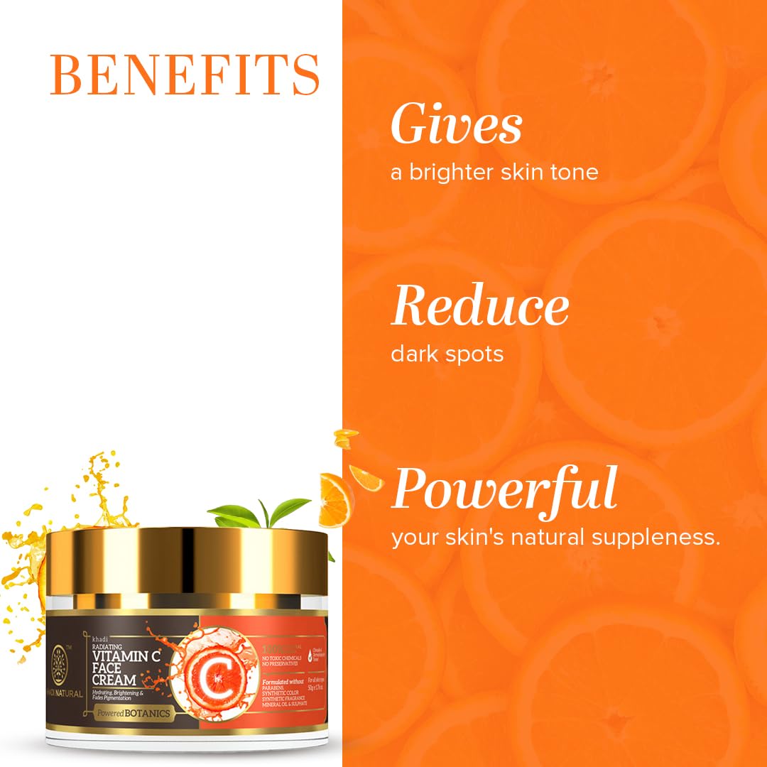 Khadi Natural Vitamin C Face Cream | Hydrating Face Cream | Face Cream for Reducing Dark Spots |Protect dull and aging skin| Powered Botanics | Suitable for All Skin Types | 50gm