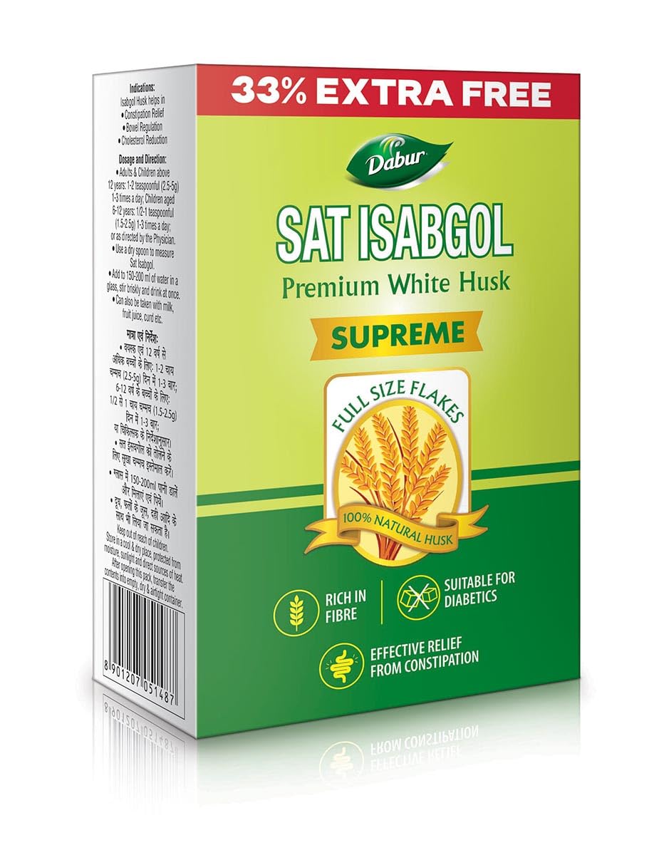DABUR Sat Isabgol (Psyllium Husk) - 45 grams + Free 15 grams|Rich In Fiber|Effective Relief From Constipation & Bloating|Promotes Bowel Health|Non Habit Forming|100% Ayurvedic,Flake