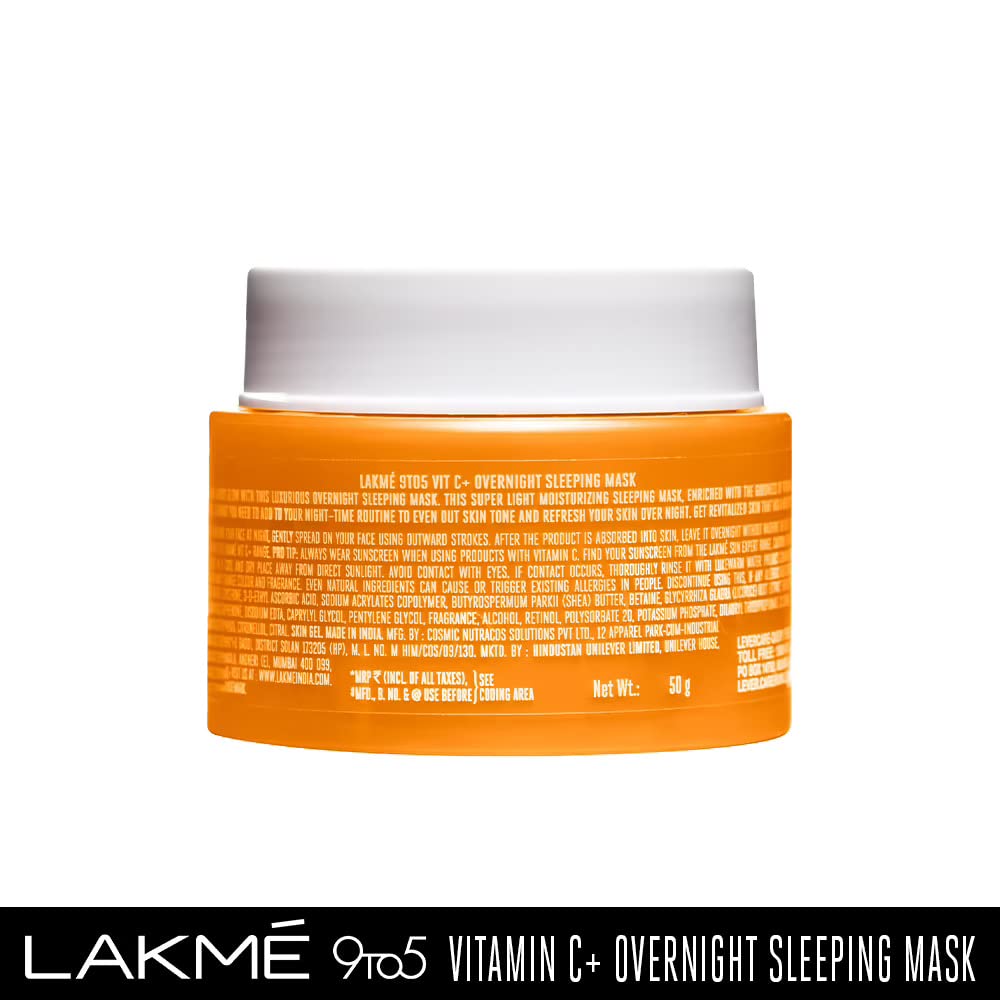 Lakmé 9to5 Vitamin C+ Overnight Sleeping Mask | Wake up to glowing skin | Enriched with Shea Butter | Mosturizes Skin | For Dry, Normal, Oily, Sensitive & Combination Skin| 50 g