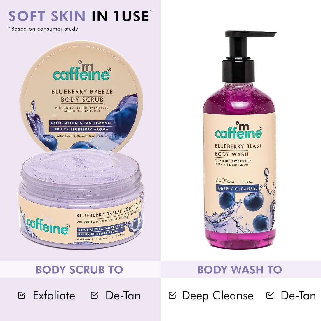 mCaffeine Blueberry Blast Detan & Cleanse Duo for Glowing Skin| Deep Cleanses, Exfoliates, Nourishes| Blueberry Body Wash - 300ml & Bluberry Scrub - 175 g | Fruity Blueberry Aroma for Men & Women