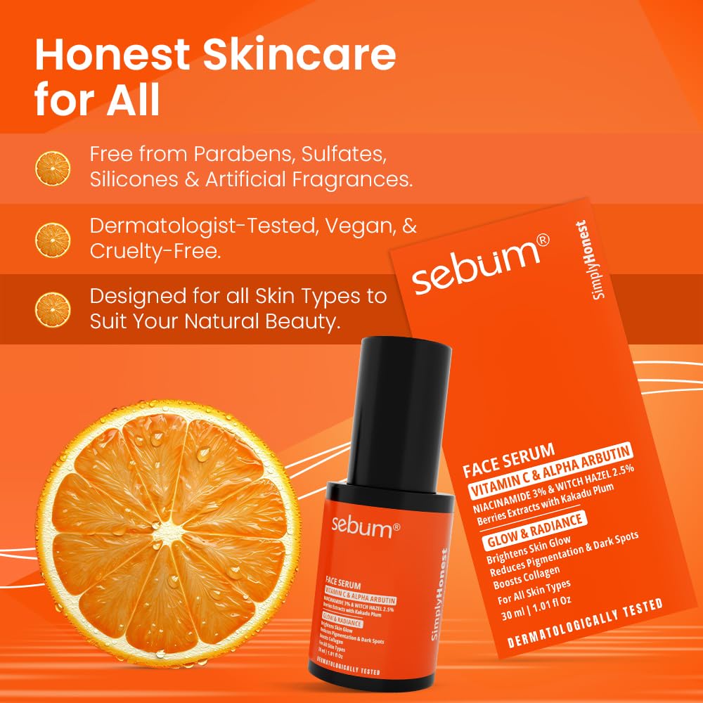 SEBUM 15% Vitamin C Brightening Face Serum | Dermatologically Tested For All Skin Types | with 3% Niacinamide, Alpha Arbutin, Hyaluronic Acid, Kakadu Plum & Witch Hazel | Boosts Glow & Collagen, Fades Dark Spots & Pigmentation | Hydrating & Non Irritating