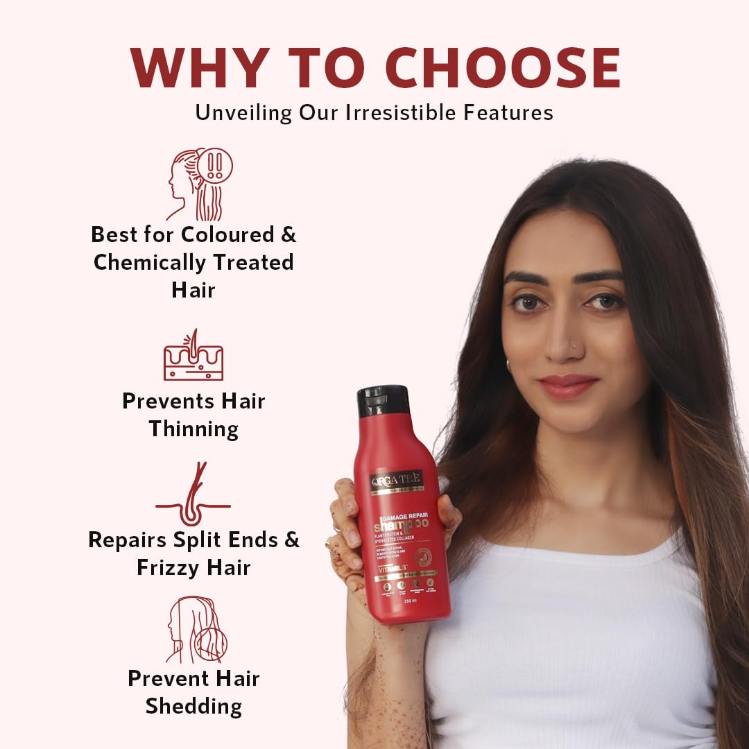 ORGATRE Damage Repair Shampoo - 250ml | For Rough, Dull & Damaged Hair | Protein & Hydrolyzed Collagen | Stronger, Vibrant Hair | SLS-Free | For Men & Women