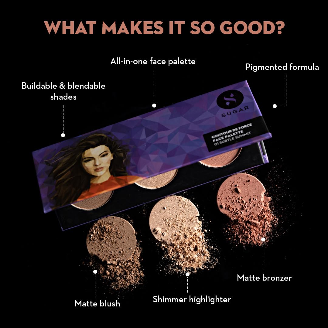 SUGAR Cosmetics Contour De Force Face Palette for Makeup | Includes Matte Bronzer, Highlighter & Blush | Makeup Palette with Built-in Mirror | 12.5gm - 02 Vivid Victory