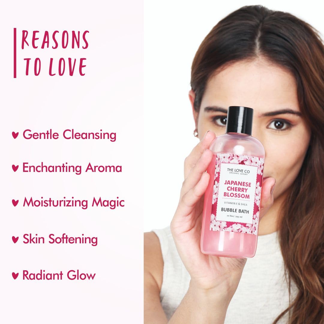 THE LOVE CO. Luxury Japanese Cherry Blossom Bubble Bath - Aromatherapy Soap and Bath Oil with Epsom Salt for Dry Skin - Moisturizing and Soothing - Suitable for All Ages and Sensitive Skin - Luxury Bubble Bath for Self-Care - 295ml