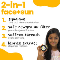 Tuco® Kids 2 in 1 Face Cream + Sunscreen SPF 50 with Saffron oil | UVA/UVB PA++++ | Broad Spectrum | Benzophenone- 3 and Avobenzone Free | Ages 2-5, 5-10, 10-15 | 50gm |