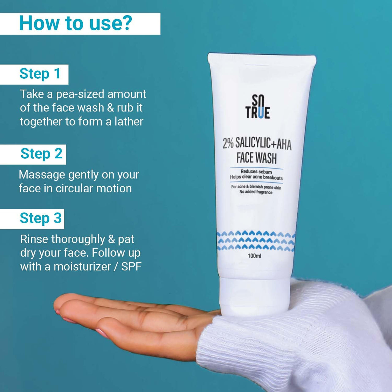 Sotrue 2% Salicylic Acid Face Wash + AHA For Acne and Pimple, 100ml | For Clean, Clear and Glowing Skin | Reduces Acne, Excess Oil, Pimples | All Skin Types