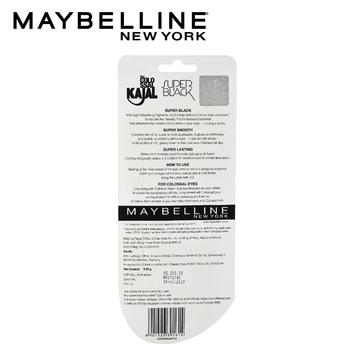 Maybelline New York Kajal Pencil, Super Black, Intense Colour, Sharp Definition, Long-Lasting, Colossal Kajal, 0.35G, Matte Finish (Pack of 2)