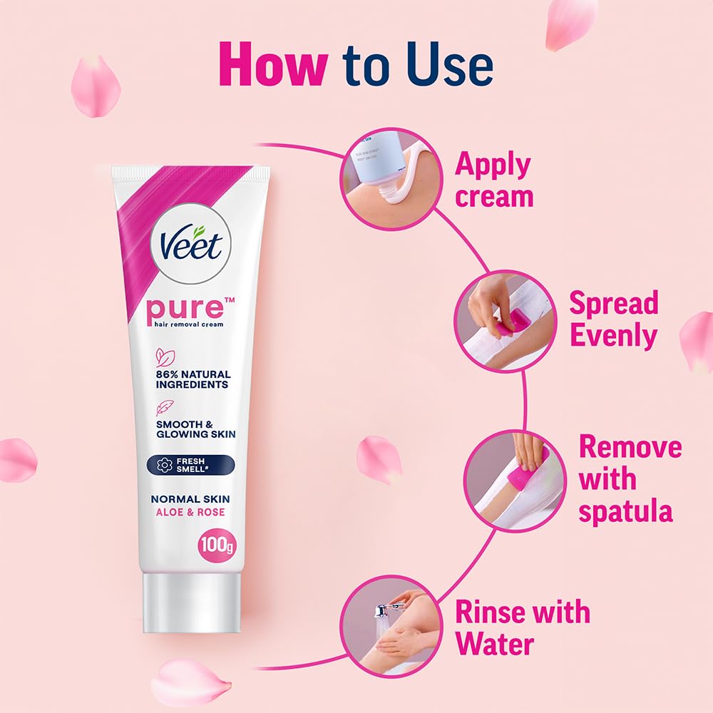 Veet Pure Hair Removal Cream for Women For Normal Skin - 100g Pack Of 3 | Suitable for Legs, Underarms, Bikini Line, Arms