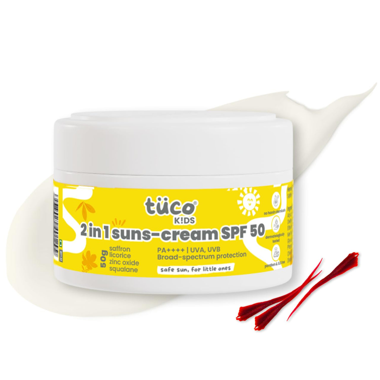 Tuco® Kids 2 in 1 Face Cream + Sunscreen SPF 50 with Saffron oil | UVA/UVB PA++++ | Broad Spectrum | Benzophenone- 3 and Avobenzone Free | Ages 2-5, 5-10, 10-15 | 50gm |