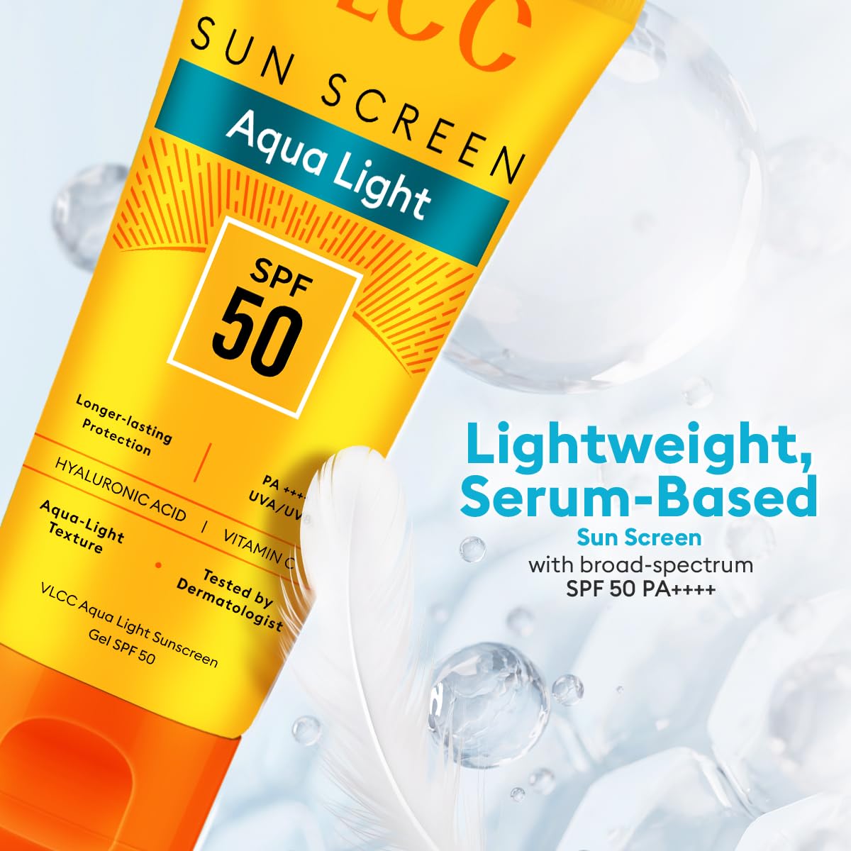 VLCC Aqua Light Sunscreen Gel SPF 50 PA+++ | Fast-Absorbing, Non-Greasy, No White Cast | Broad Spectrum UV Protection | Hyaluronic Acid & Vitamin C | Dry Touch, Lightweight, Hydrating Sunscreen - 100g