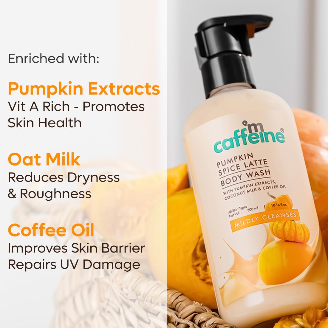mCaffeine Pumpkin Spice Latte Body Wash with Sweet & Spicy Aroma | Mildly Cleanses for Soft & Smooth Skin | SLS & Soap Free | Fragrance Body Wash for Men & Women |All Skin Types - 300 ml