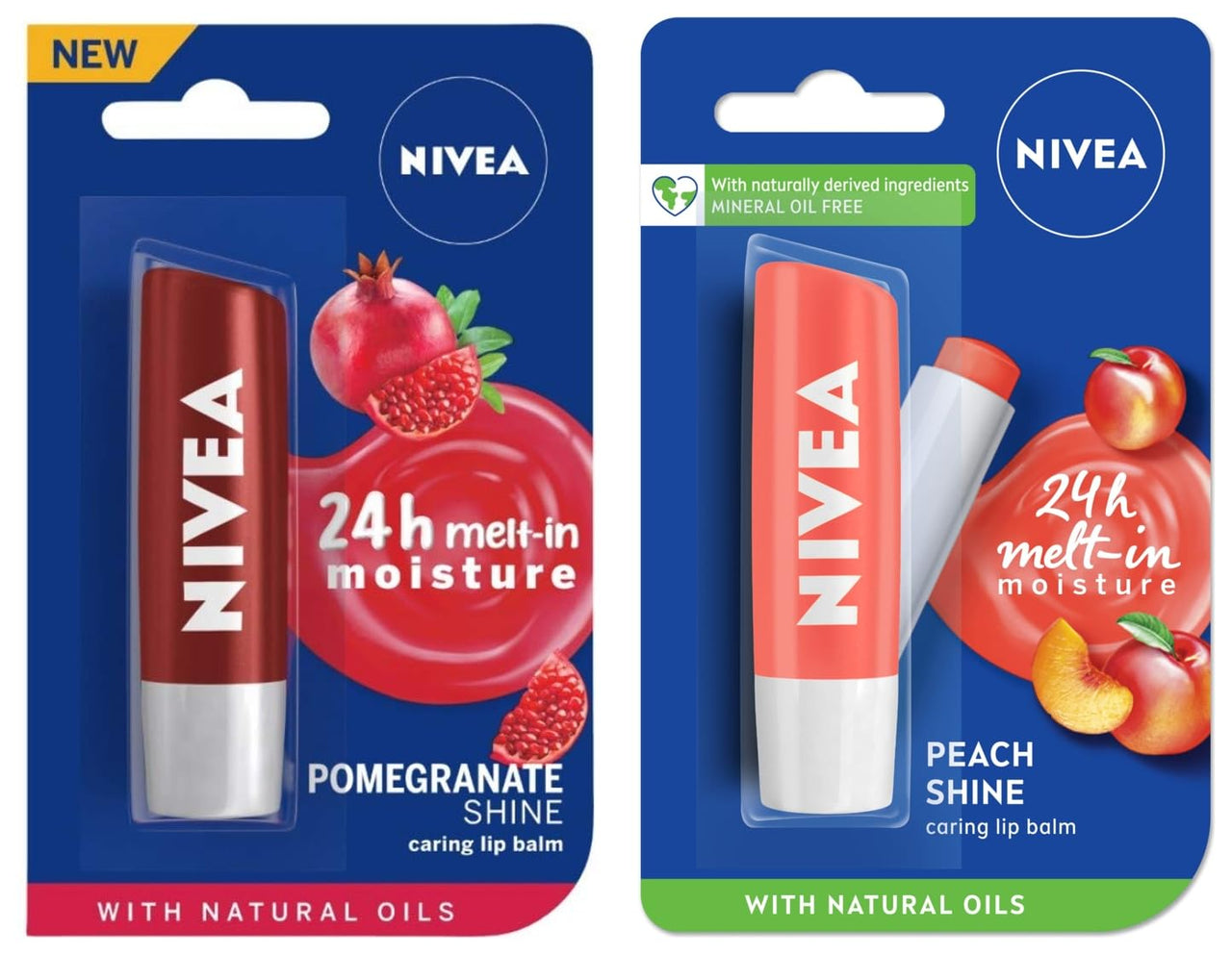 NIVEA Lip Balm, Pomegranate Shine, 4.8g and NIVEA Lip Balm, Fruity Peach Shine, 4.8g
