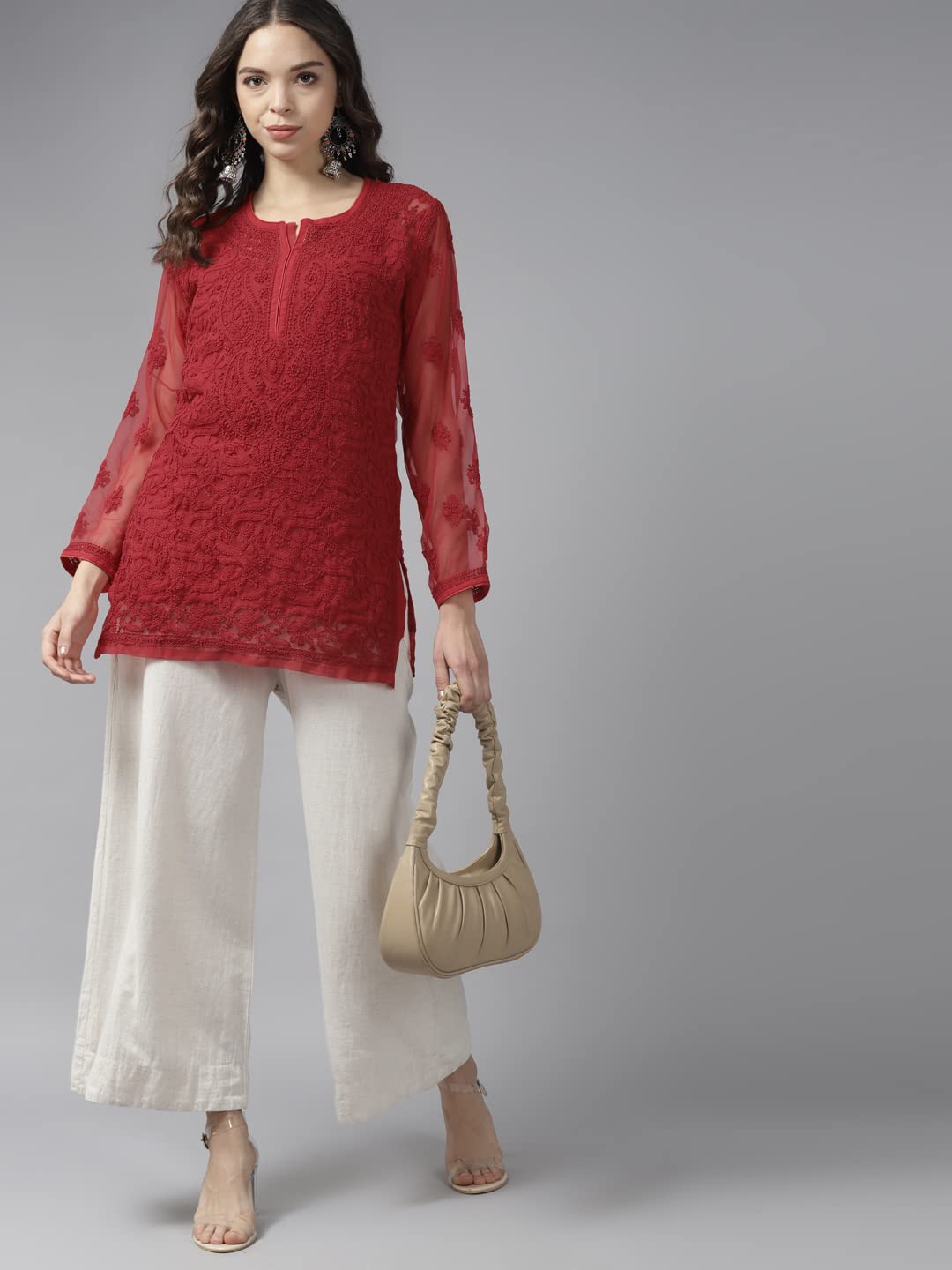 Ada Women's  Hand Embroidered Lucknowi Chikankari Georgette Short Top Kurti with Slip