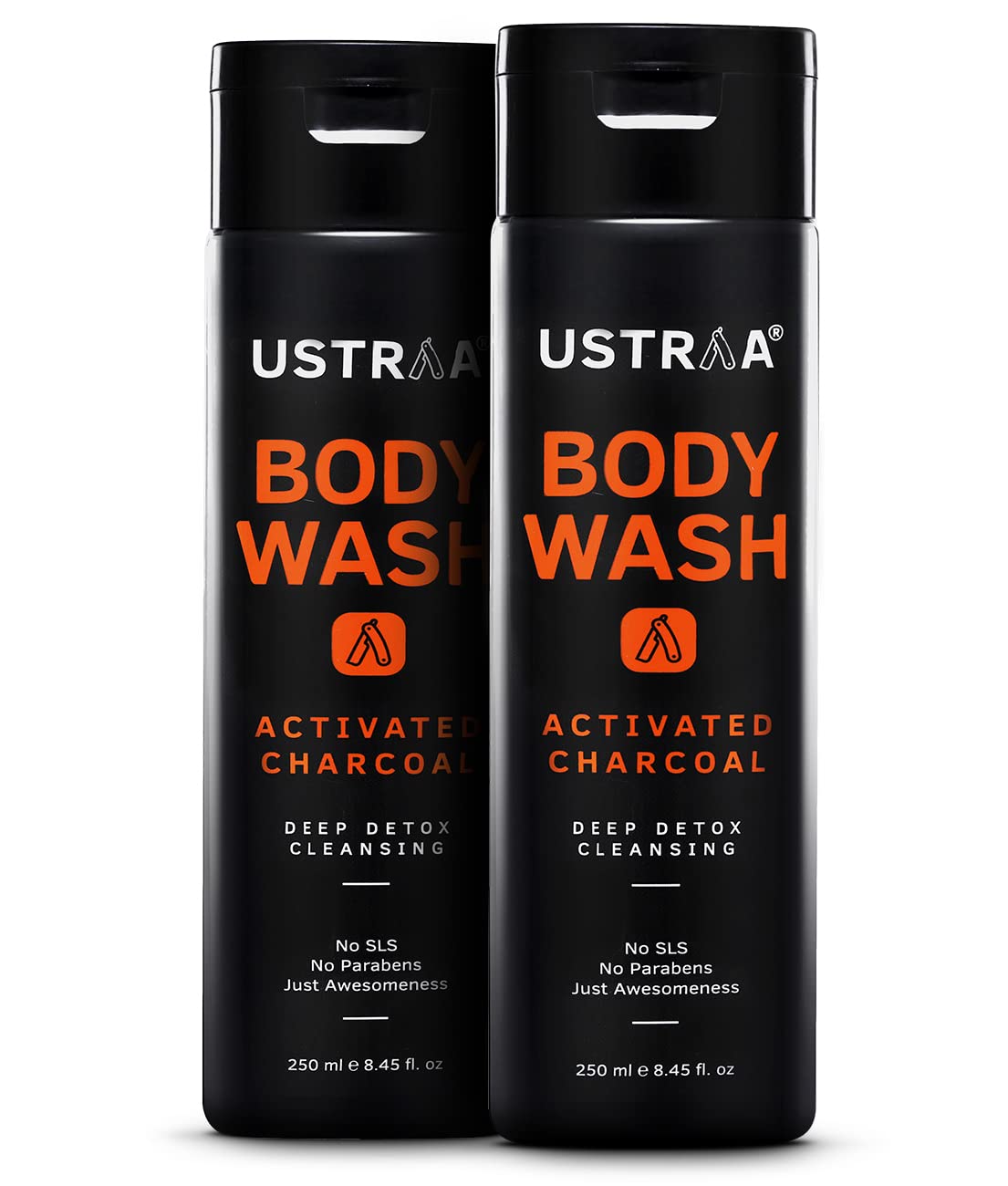 Ustraa Body Wash- Activated Charcoal 250 ml set of 2 - Deep Skin Detox with Activated Charcoal, Moisturization of Aloe Vera, Cleansing & Intense Foaming without Sulphates