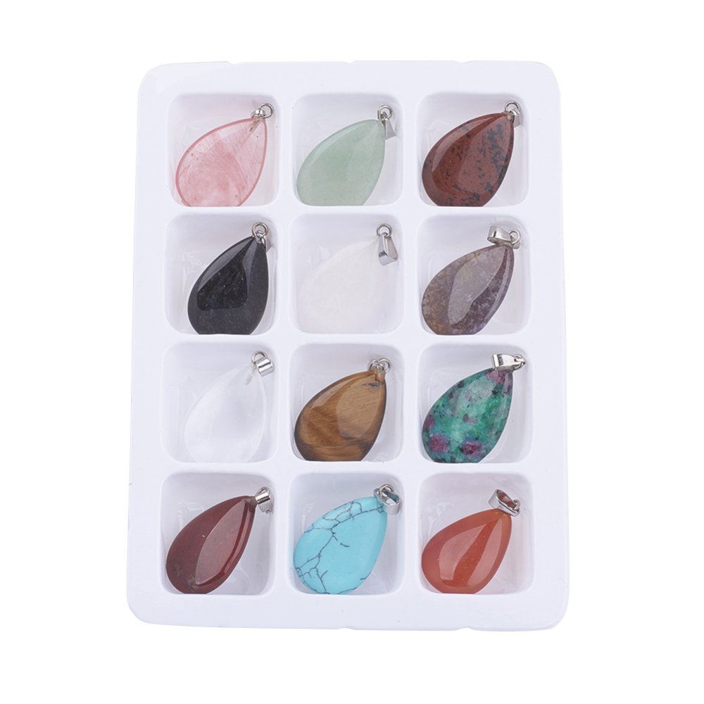 FASHEWELRY 12Pcs Teardrop Stone Pendants Water Drop Healing Crystal Quartz Chakra Gemstone Rock Charms Random Mixed for Necklace Jewelry Making Hole: 6x2mm 6-Mixed Color-Teardrop-Random