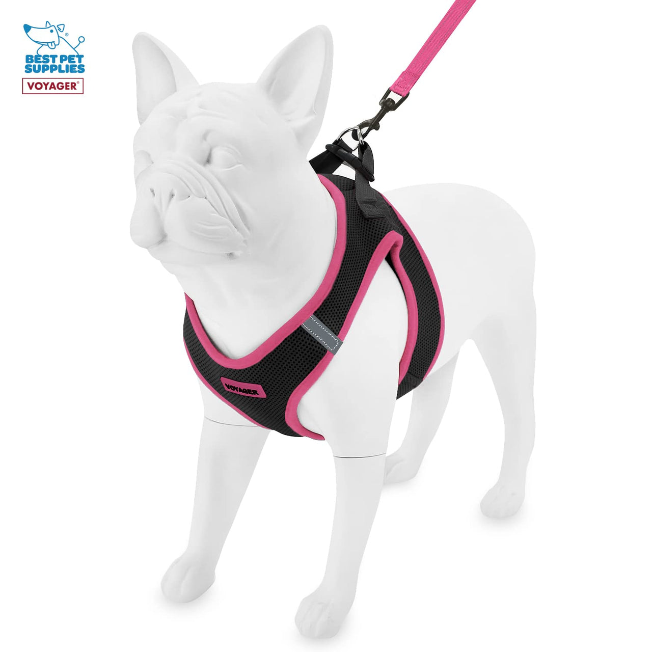 Voyager Step-in Air All Weather Mesh Harness and Reflective Dog 5 ft Leash Combo with Neoprene Handle, for Small, Medium and Large Breed Puppies by Best Pet Supplies - Black/Pink Trim, Medium