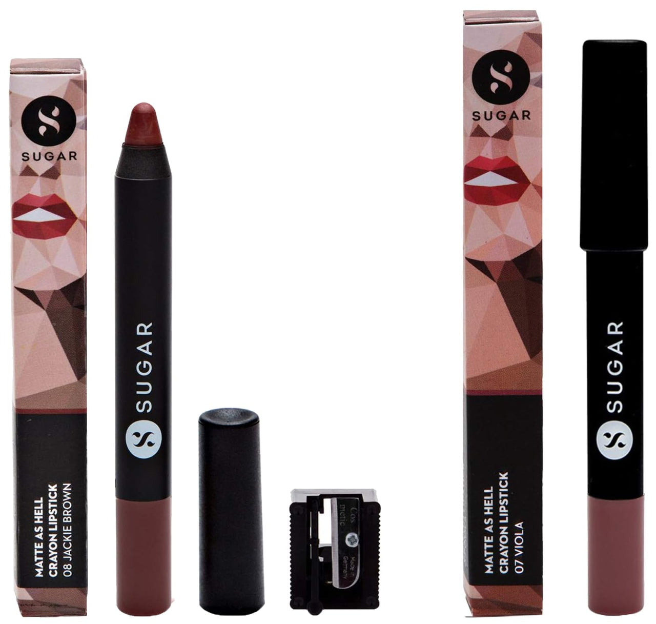 SUGAR Cosmetics - Matte As Hell - Crayon Lipstick -08 Jackie Brown (Reddish Brown) & SUGAR Cosmetics - Matte As Hell - Crayon Lipstick -07 Viola (Mauve Nude)