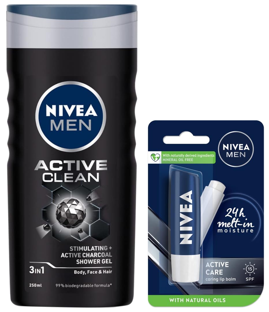 Nivea Men Shower Gel, Active Clean Body Wash, Men, 250ml & Men Lip Care, Active Care Lip Balm, SPF 15, 4.8g